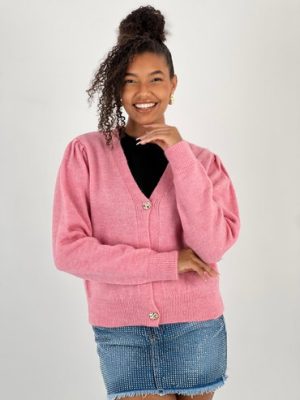 Cardigan cu decolteu in V, din tricotaj roz cu nasturi decorativi aurii