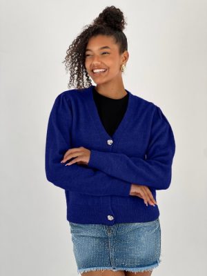 Cardigan cu decolteu in V, din tricotaj albastru cu nasturi decorativi aurii