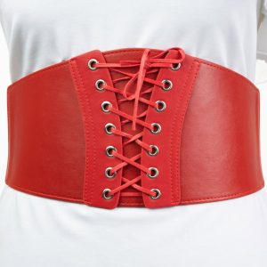 Centura rosie corset, lata, din piele ecologica cu siret si capse mici