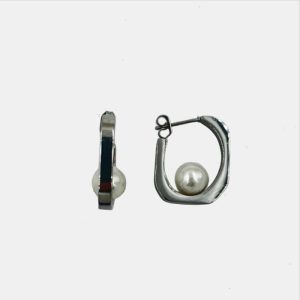 Cercei argintii geometrici, din otel inoxidabil, cu perla