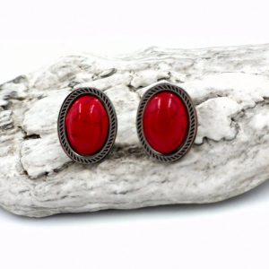 Cercei ovali, eleganti, din otel inoxidabil cu coral rosu