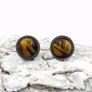 Cercei rotunzi, eleganti, din otel inoxidabil cu piatra naturala ochi de tigru
