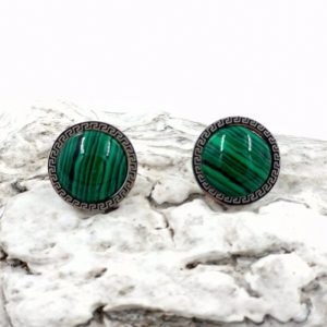 Cercei rotunzi, eleganti, din otel inoxidabil cu piatra naturala malachit