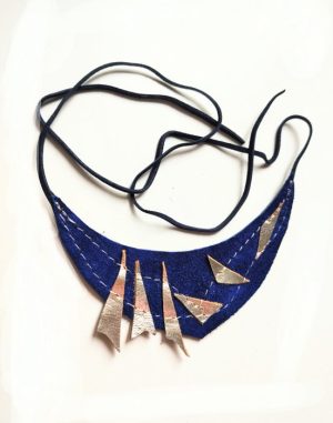 Colier albastru electric  statement din piele naturala, spirit festiv ,unicat