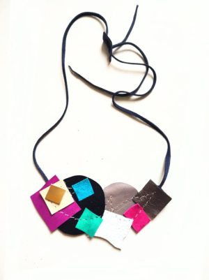 Colier statement multicolor  din piele naturala asimetric, unicat