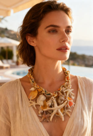 Colier statement marin galben cu stele de mare si scoici ,   design resort glam