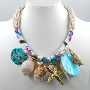 Colier statement marin turcoaz cu scoici naturale si stea de mare aurie ,   design resort