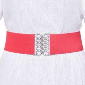 Curea rosie de 6 cm, din material elastic cu catarama argintie in forma de opturi