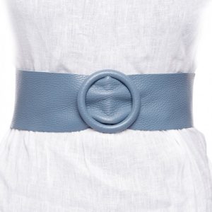 Curea albastru jeans din piele naturala cu latime de 7 cm, catarama rotunda imbracata in piele