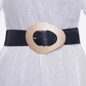 Curea din piele ecologica neagra cu catarama neregulata aurie si elastic la spate