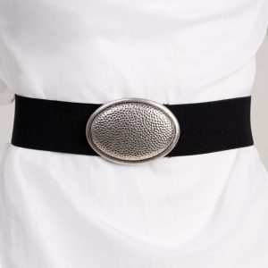 Curea neagra elastica cu catarama tip pafta, ovala texturata argintie