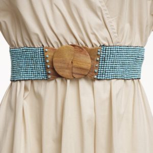 Curea elastica cu margelute din sticla turcoaz, catarama din lemn natural