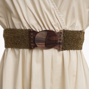 Curea elastica cu margelute din sticla auriu metalizat, catarama din lemn natural