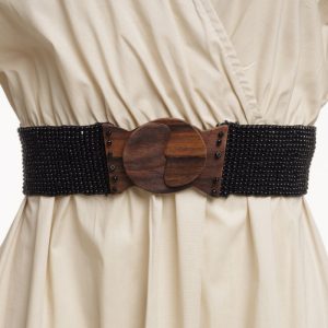 Curea elastica cu margelute din sticla negru, catarama din lemn natural