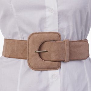 Curea elastica cu piele intoarsa ecologica bej si catarama dreptunghiulara cu colturi rotunjite