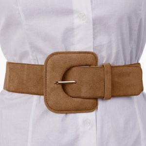 Curea elastica cu piele intoarsa ecologica camel si catarama dreptunghiulara cu colturi rotunjite