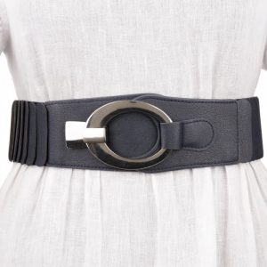 Curea elastica cu solzi din piele ecologica bleumarin de 6 cm latime cu catarama ovala argintie