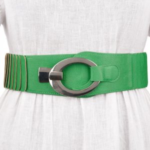 Curea elastica cu solzi din piele ecologica verde de 6 cm latime cu catarama ovala argintie