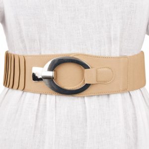 Curea elastica cu solzi din piele ecologica bej de 6 cm latime cu catarama ovala argintie