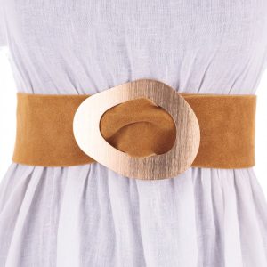 Curea mustar din piele intoarsa naturala cu latime de 8 cm, catarama aurie neregulata