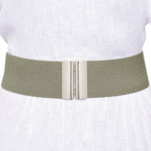 Curea kaki 6 cm latime din material elastic, cu catarama argintie