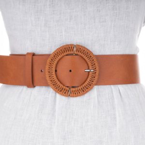 Curea lata camel de 5 cm, din piele ecologica cu catarama metalica argintie imbracata in impletitura