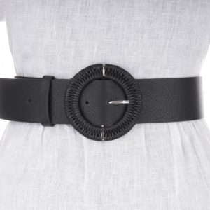 Curea lata neagra de 5 cm, din piele ecologica cu catarama metalica argintie imbracata in impletitura