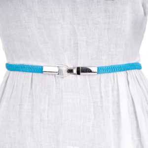Curea subtire elastica din piele ecologica cu prindere in fata, turcoaz