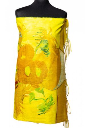 Esarfa matase cu doua fete imprimata cu model inspirat a dupa pictura  Floarea soarelui  a lui Vincent Van Gogh