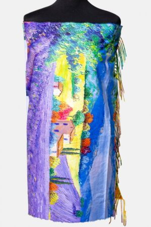 Esarfa cashmere cu doua fete imprimata cu model inspirat a unui tablou cu campuri de lavanda