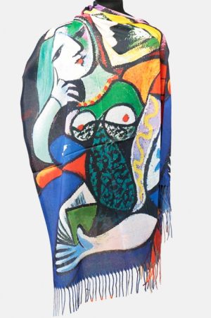 Esarfa cashmere cu doua fete imprimata cu model inspirat  dupa    Femeie cu carte   lui Picasso