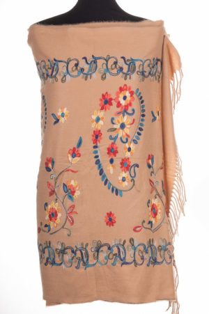 Esarfa cashmere cu model floral brodat pe fond camel