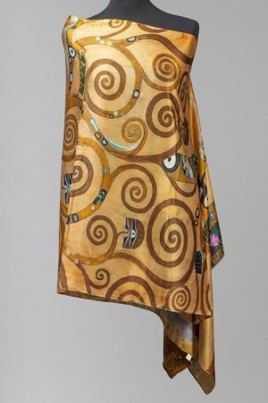 Esarfa cu doua fete, din matase, imprimata cu model inspirat  dupa    Pomul Vietii    - Gustav Klimt