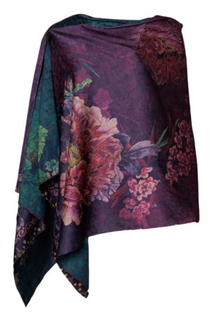 Esarfa dreptunghiulara cu doua fete, din matase, cu imprimeu floral pe fond mov si verde