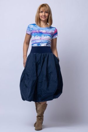 Fusta bleumarin midi, tip lalea, din tafta cu fir metalic