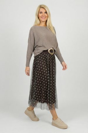 Fusta clos din tulle, maro cu buline bej