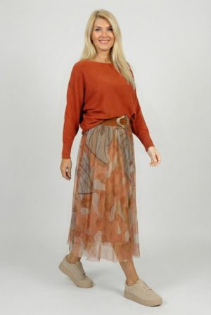Fusta clos din tulle cu imprimeu floral in nuante de portocaliu si caramiziu