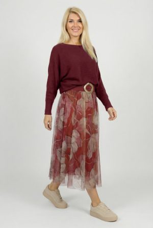 Fusta clos din tulle cu imprimeu floral in nuante de bordo si roz