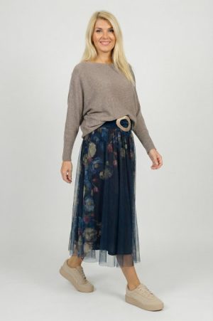 Fusta clos din tulle cu imprimeu lateral floral in nuante de bleumarin