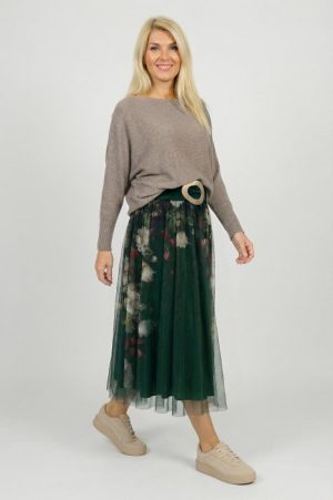 Fusta clos din tulle cu imprimeu lateral floral in nuante de verde inchis