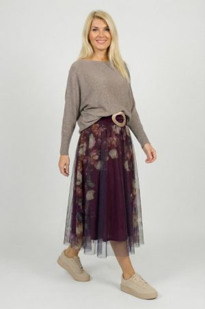 Fusta clos din tulle cu imprimeu lateral floral in nuante de visiniu