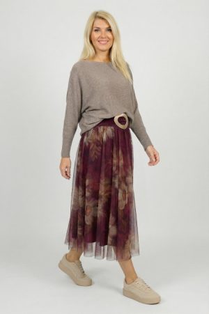 Fusta clos din tulle cu imprimeu floral in nuante de bordo