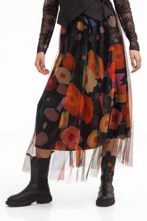 Fusta clos din tulle, neagra cu flori stilizate multicolore