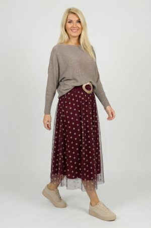 Fusta clos din tulle, bordo cu buline bej