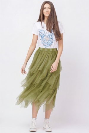Fusta din tulle, in straturi inegale, lunga, verde oliv