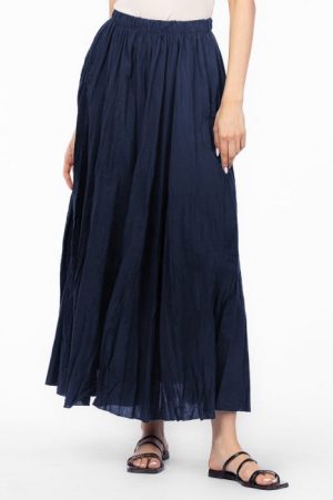 Fusta lunga, ampla, clos, din bumbac creponat, bleumarin