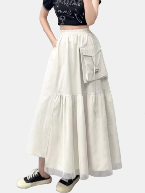 Fusta lunga cu insertie de tulle si buzunar aplicat, bej