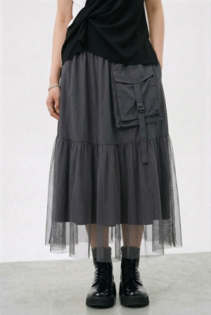 Fusta lunga cu insertie de tulle si buzunar aplicat, gri