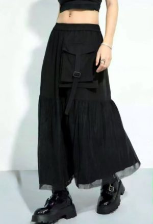 Fusta lunga cu insertie de tulle si buzunar aplicat, neagra