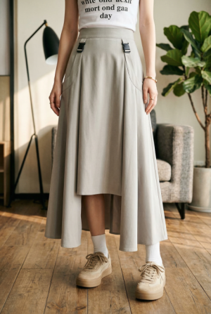Fusta midi ampla cu lungime asimetrica, bej
